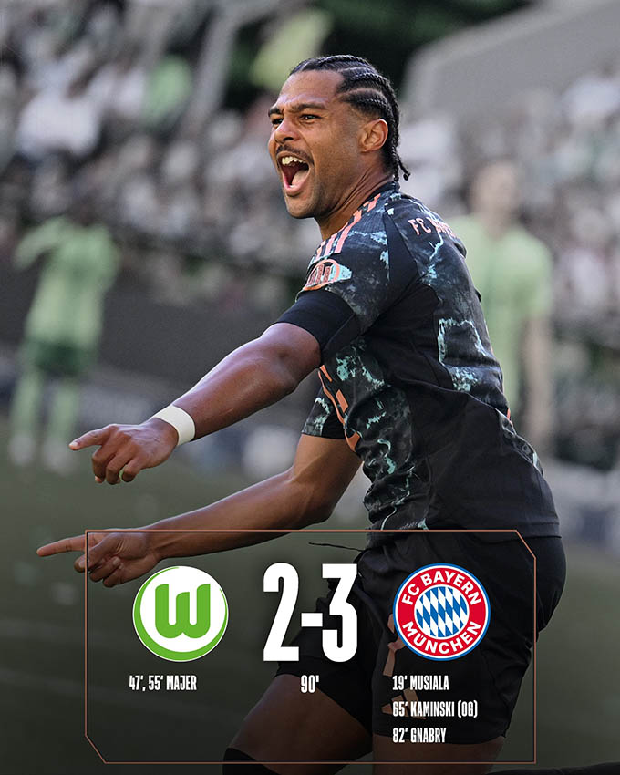 Bayern đánh bại chủ nhà Wolfsburg với tỷ số 3-2